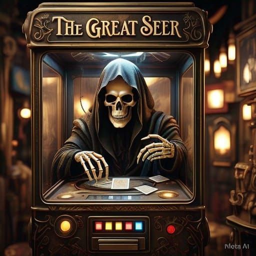 Retro Fortune Teller Machine with Grim Reaper Mannequin in D...