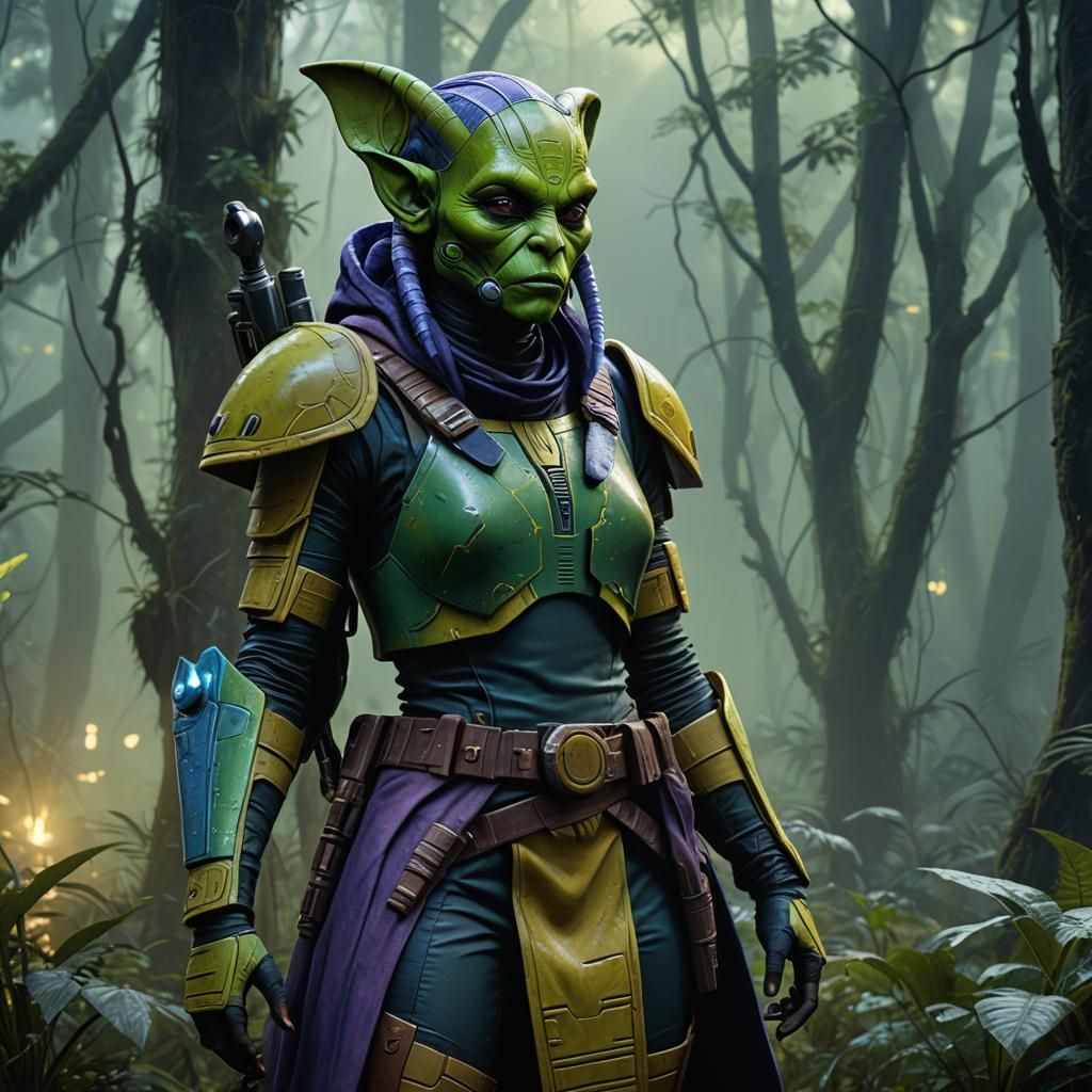 Green Twi'lek Bounty Hunter in Sci-Fi Forest