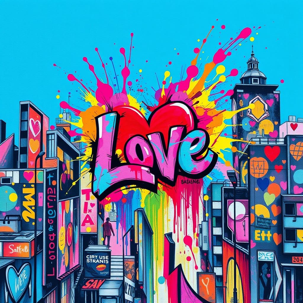 Vibrant Cityscape with Love-Inspired Graffiti Mural