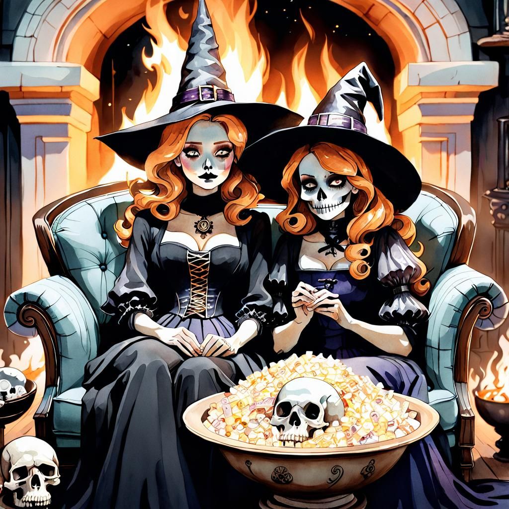 Enchanting Witches Share Halloween Candy, Watercolor Illustr...
