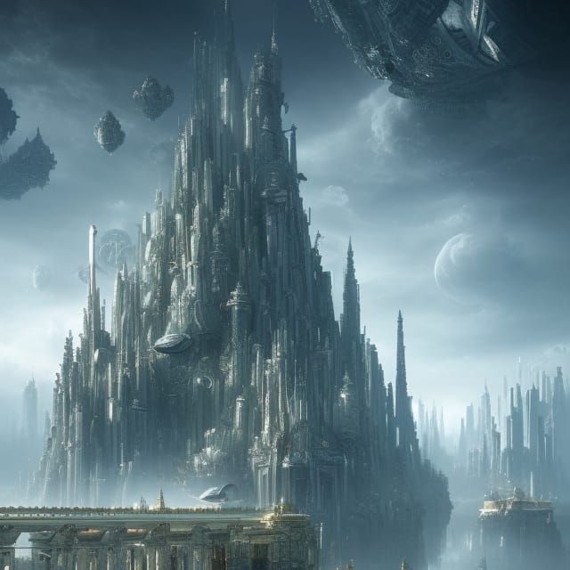 Futuristic City with Floating Castles in Digital Art