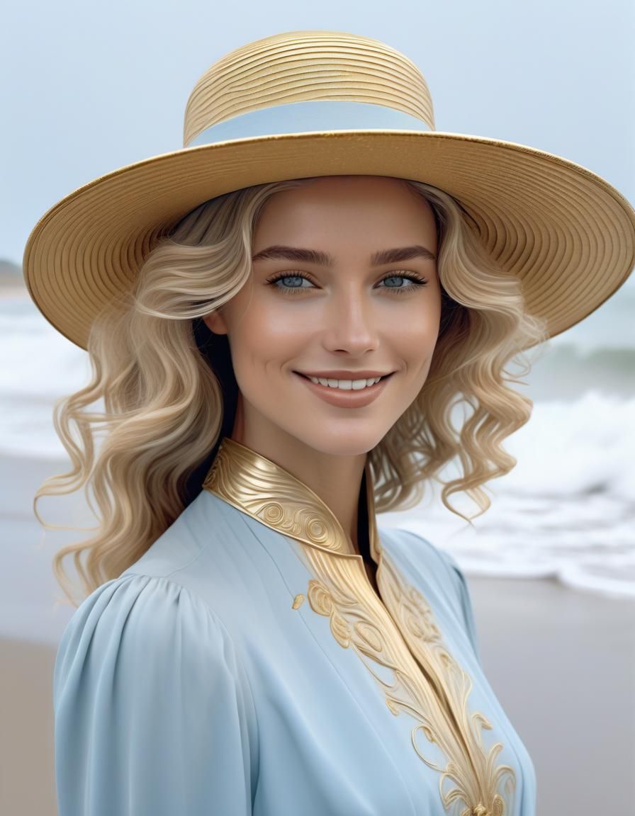 Ethereal Woman on Beach in Art Nouveau Style