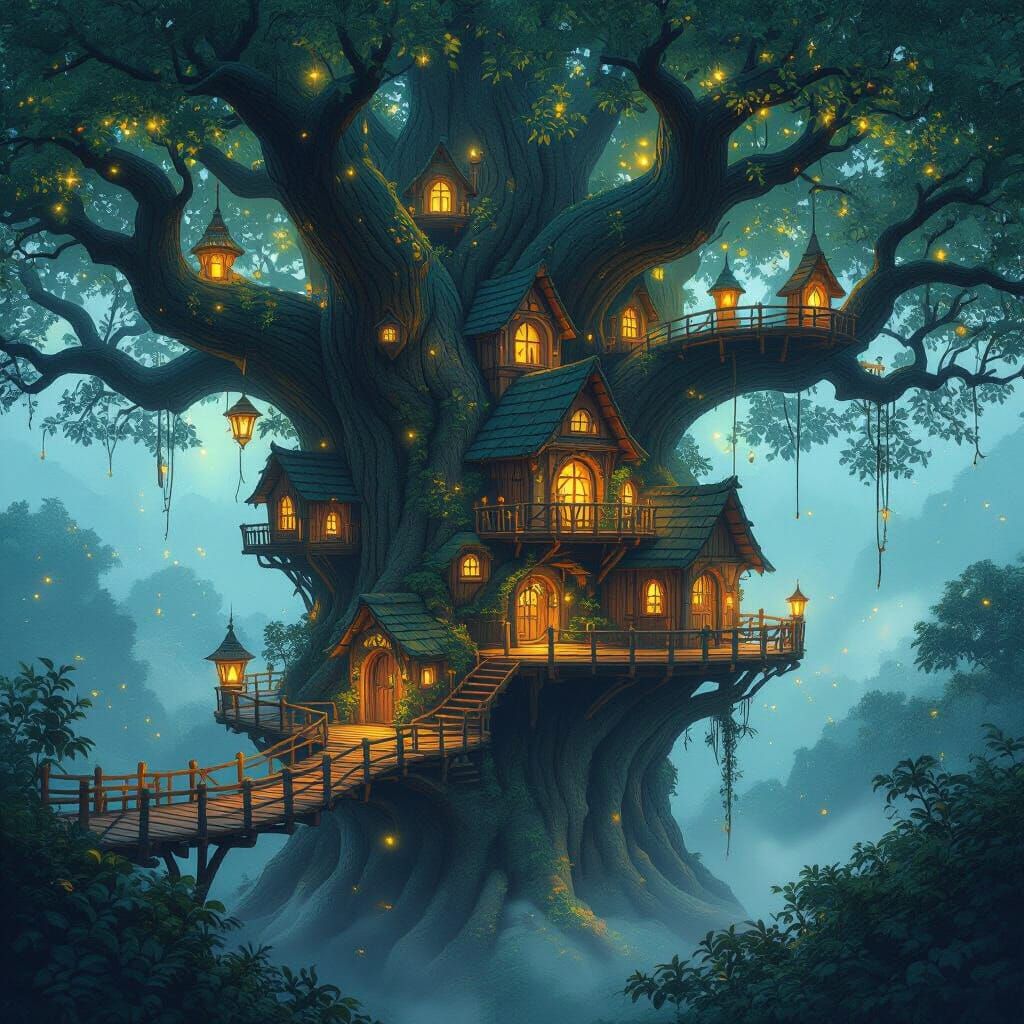 Magical Treehouse Village in Giant Tree, Fantasy Art