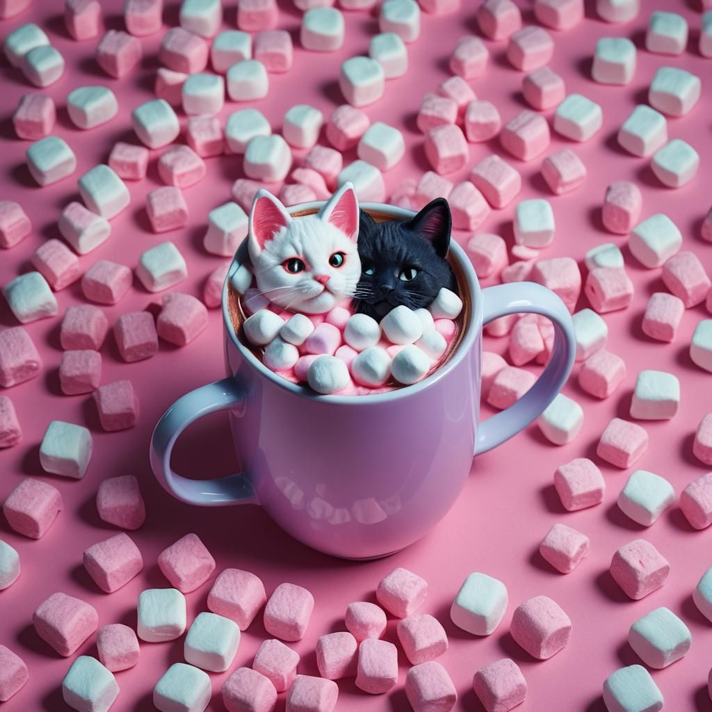 Marshmallow Cat in Hot Coco: Synthwave Neon Art