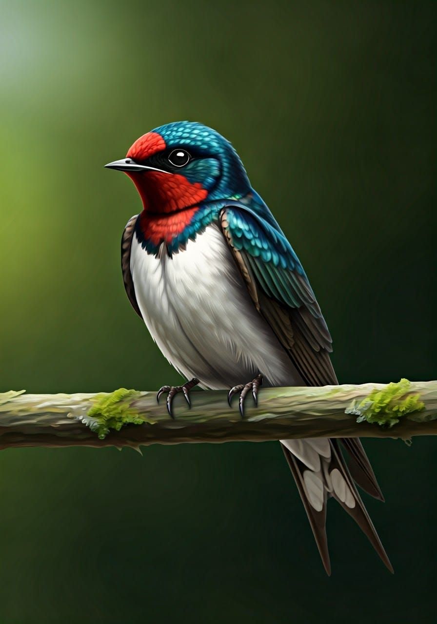 Colorful Swallow Bird on Branch as Oil Painting