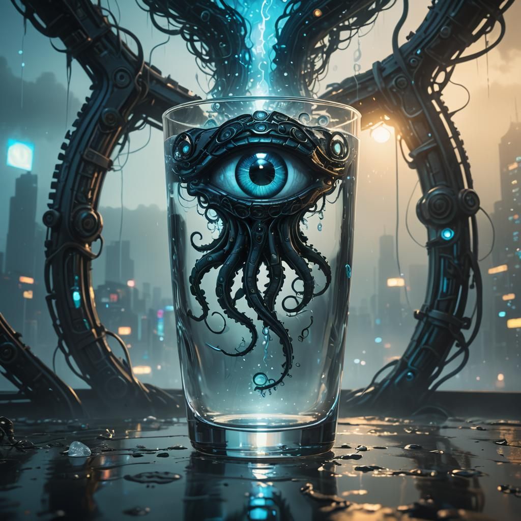 Cyberpunk Brain in Glass, Neon Cityscape