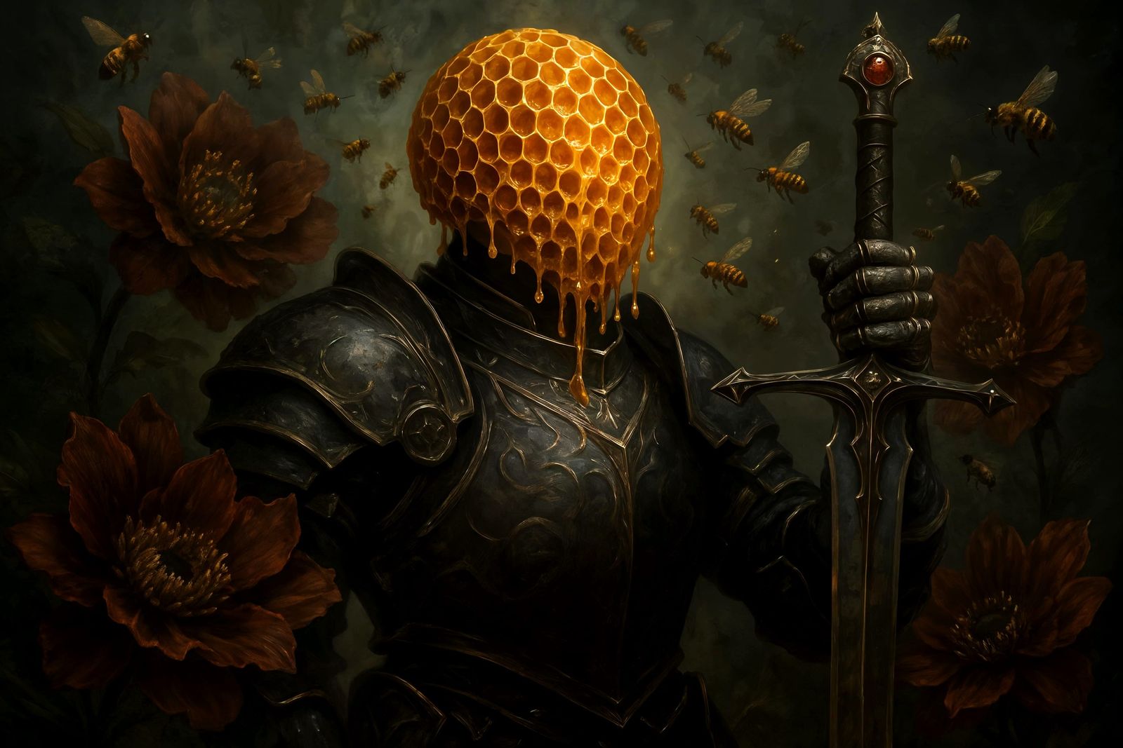 Honeycomb Warrior with Fantasy Sword and Bees