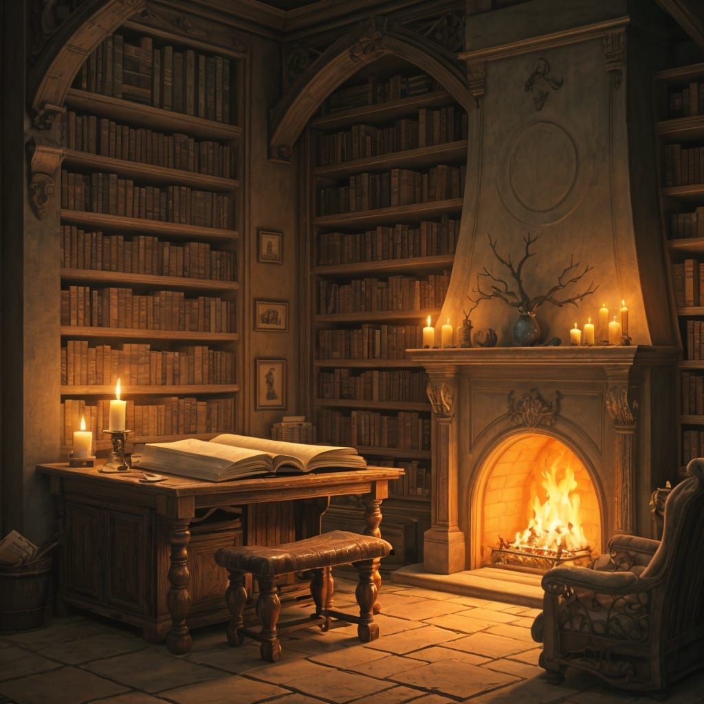 Cozy Fantasy Library with Warm Neutrals