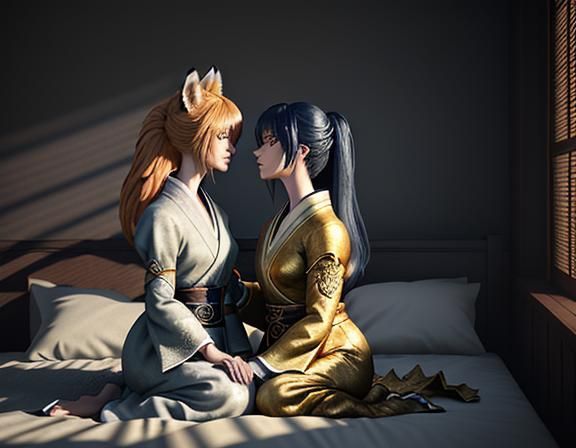 Two Kitsune Kissing in Cozy Manga Bedroom