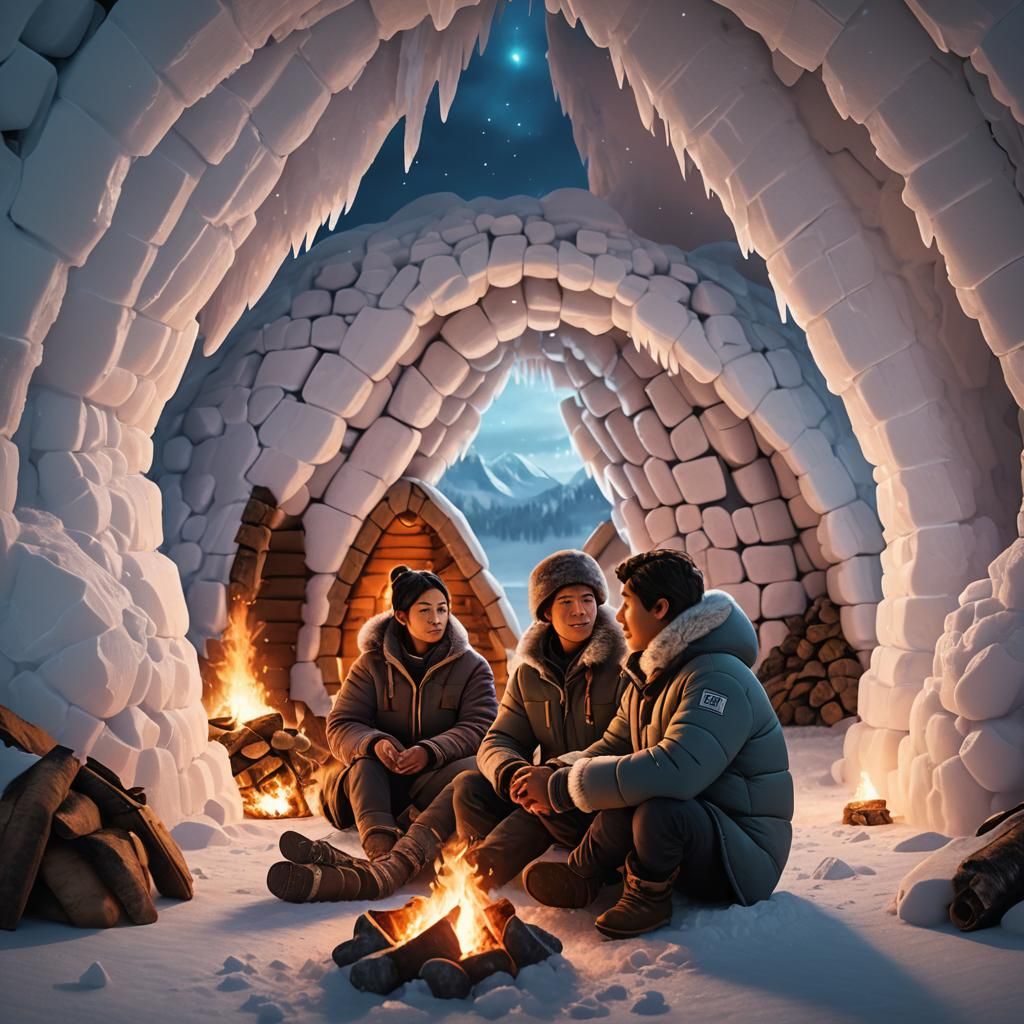 Eskimos in Igloo Interior with Fire: 3D Rendering