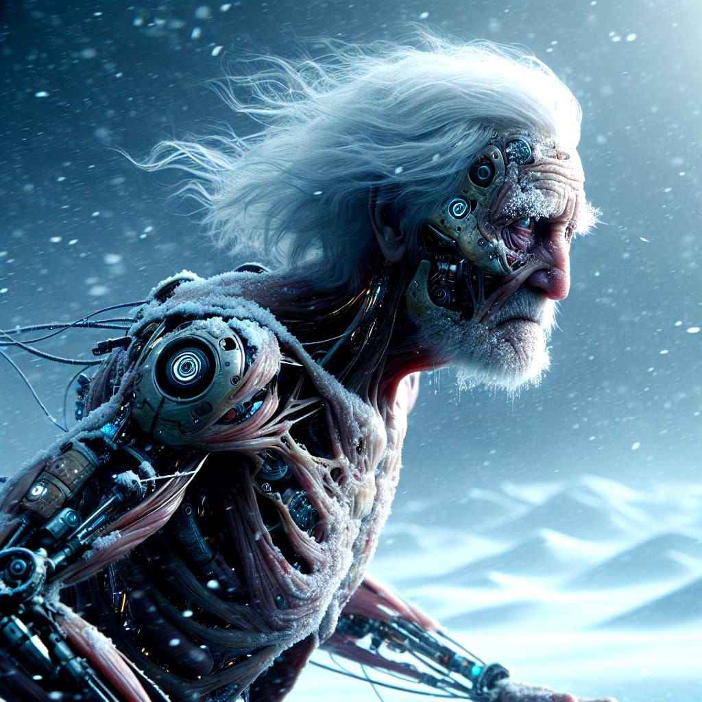 Cyborg Elder Embarks Through Blizzard