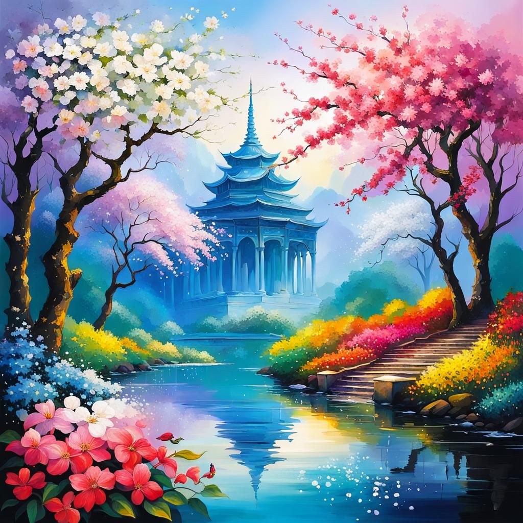 Scenic Zen Garden with Blossoming, Colorful Landscape