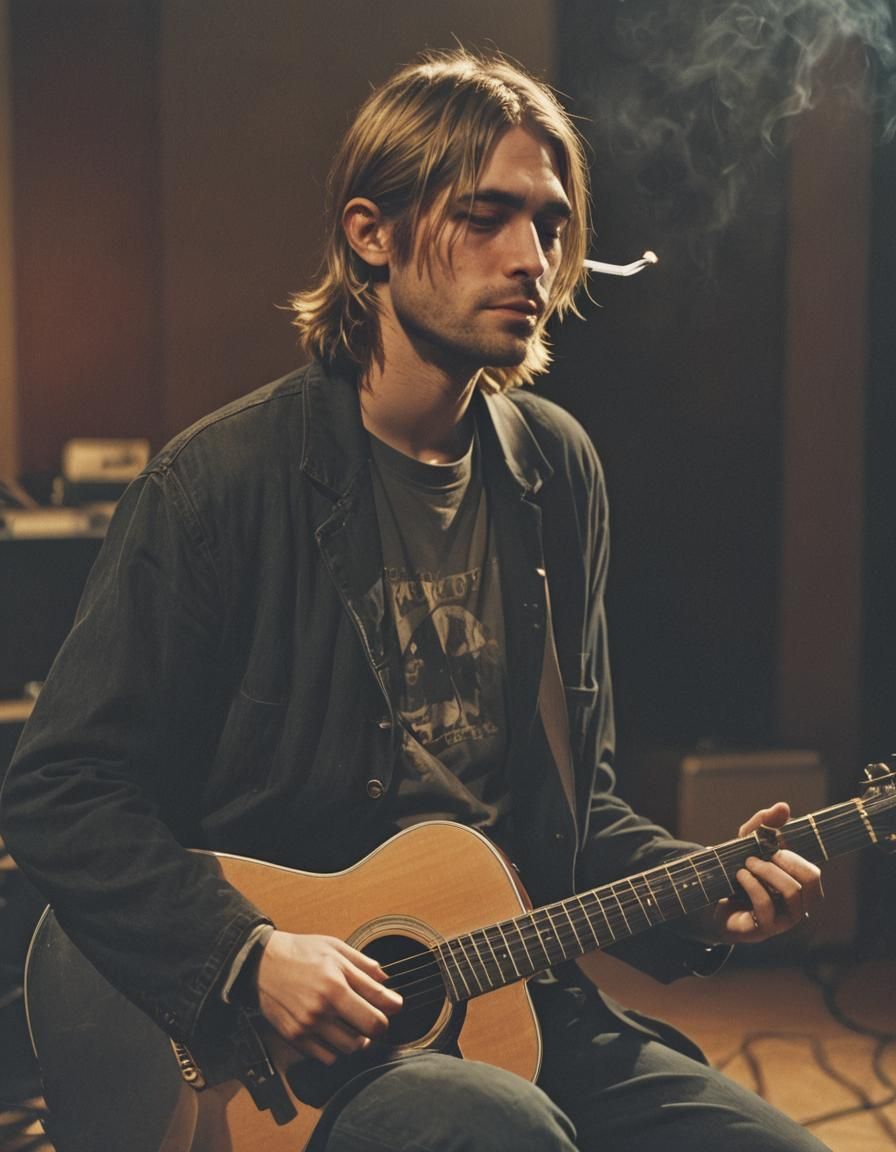 Musician in Dimly Lit Studio with Acoustic Guitar