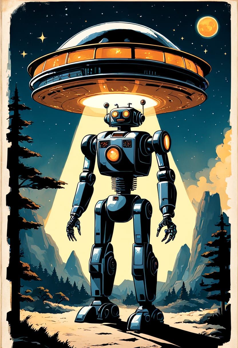 Vintage-Retrofuturistic Robot in a Cosmic Landscape
