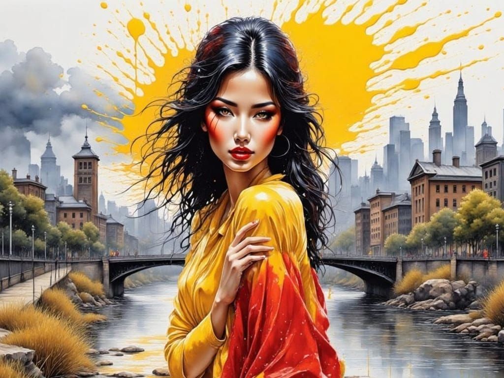 Ethereal Woman in Fantasy Landscape with Ink Splashes