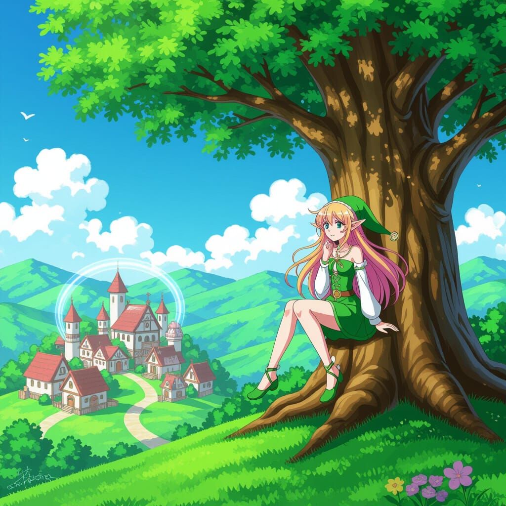 Elf Woman in Anime Style Overlooking Magical Village