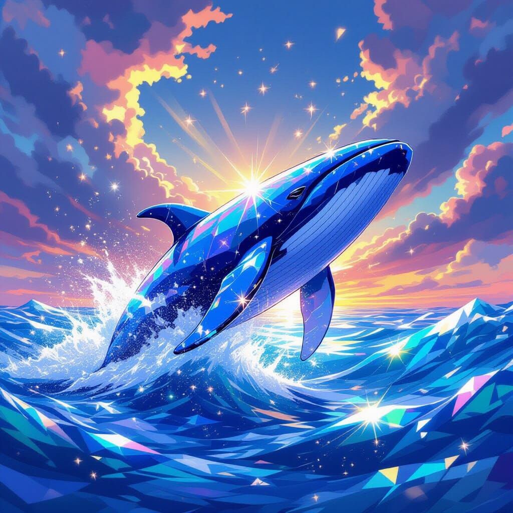 Sparkling Crystal Whale Breaching in Stormy Sky