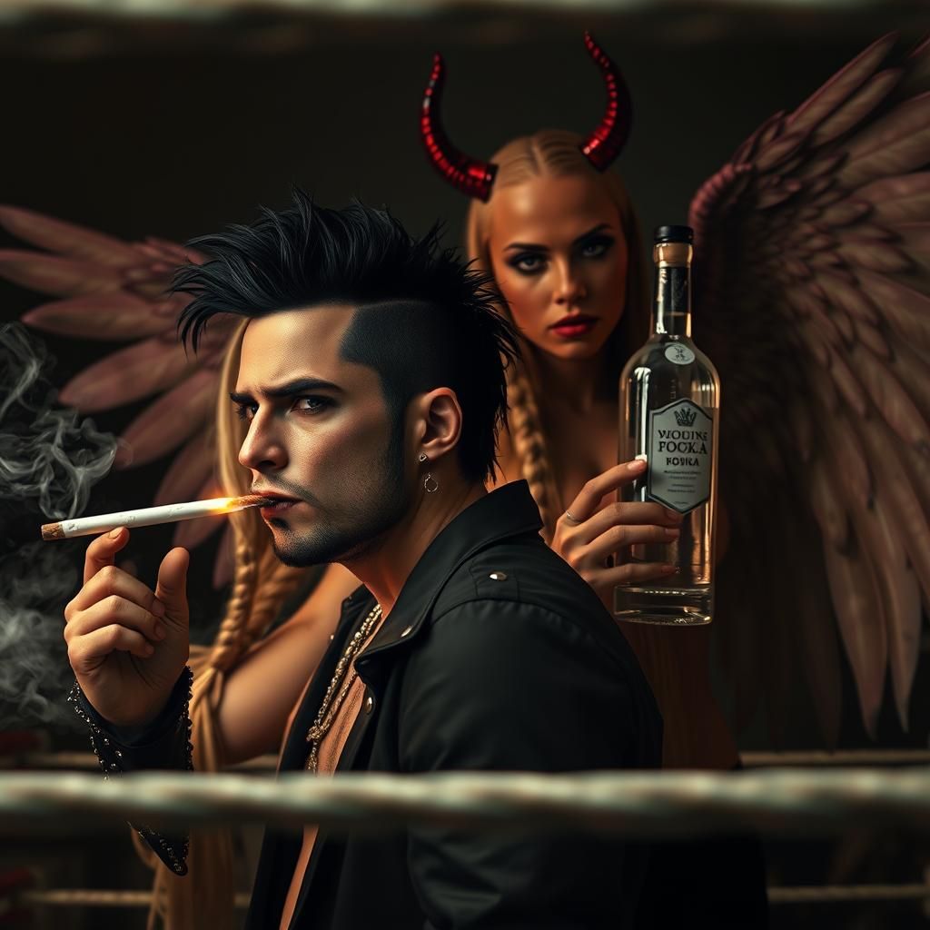 Emo punk handsome man with jet black hair, smoking weed 
Stunning temptress with long blonde braids devil horns wings ho...