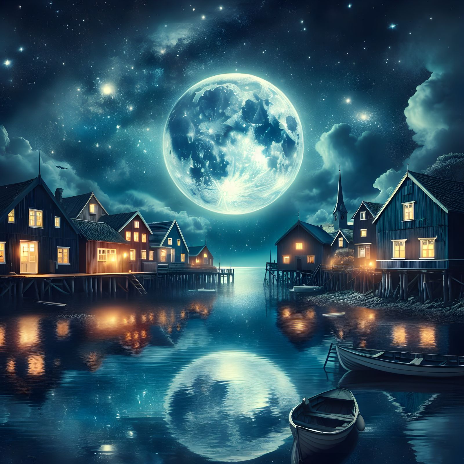 Moonlit Coastal Village at Night