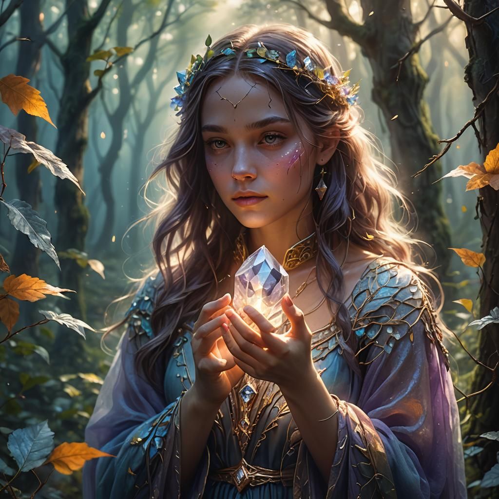 Woman with Glowing Crystal in Misty Forest