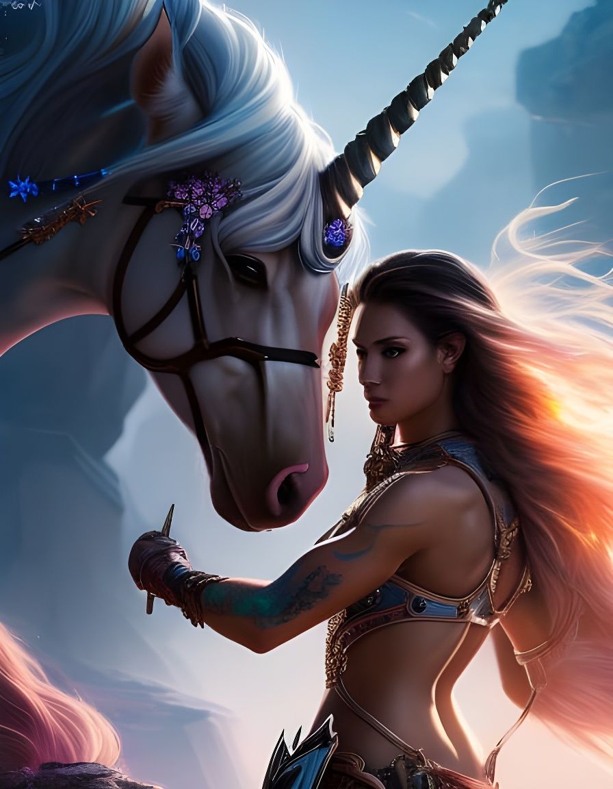Unicorn Warrior Princess Portrait in Hyperrealistic Style