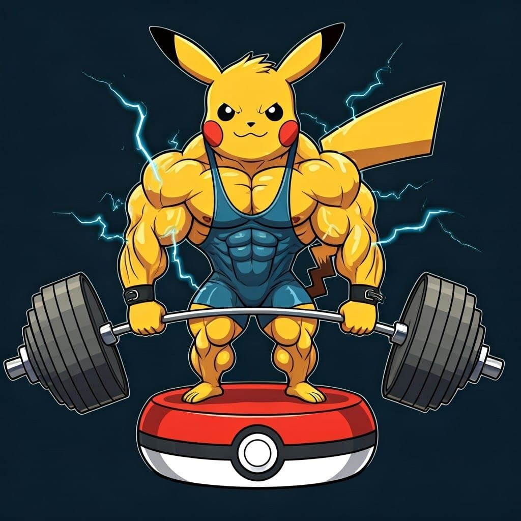 Pikachu Bodybuilder's Triumphant Lift in Funko Pop Style