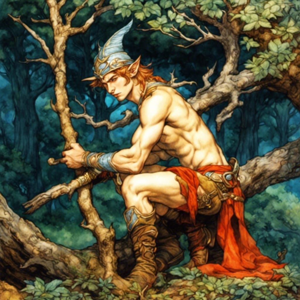 Fantasy Elf Hunter in Watercolor Illustration Style