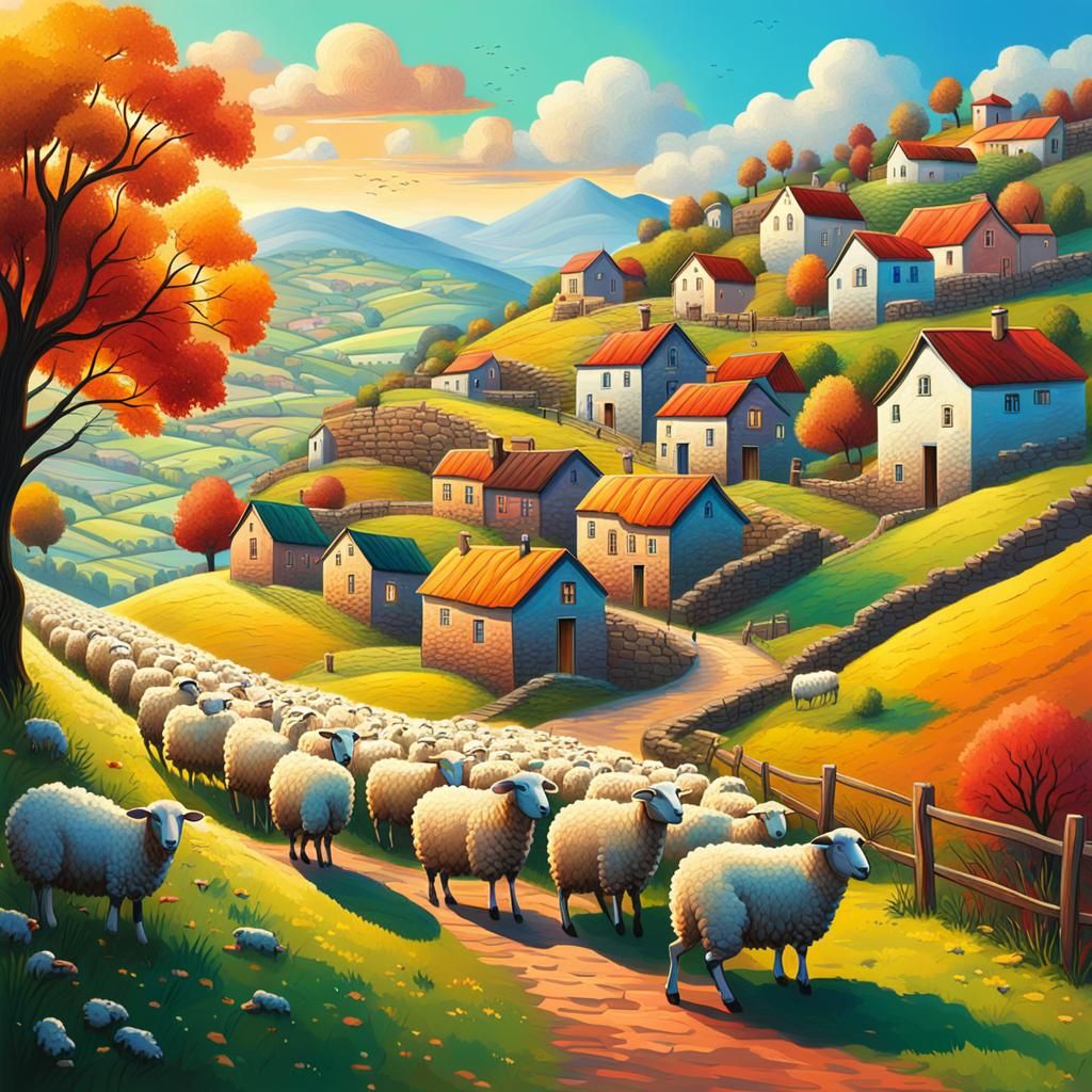Peaceful Village Scene in Naive Art Style