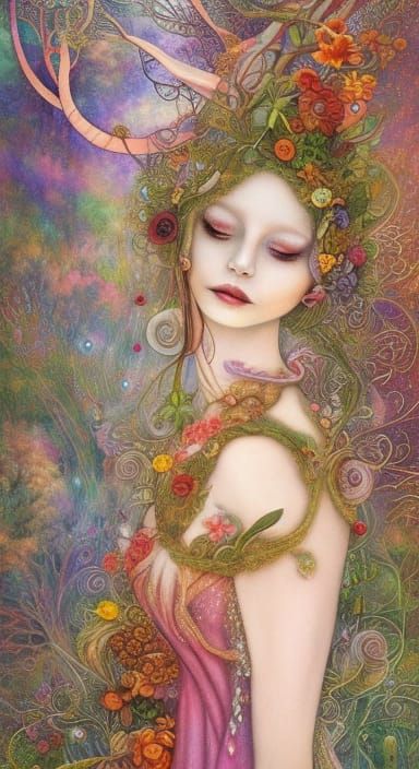 Sunset Human-Vine Hybrid in Forest, Ornate Art Style