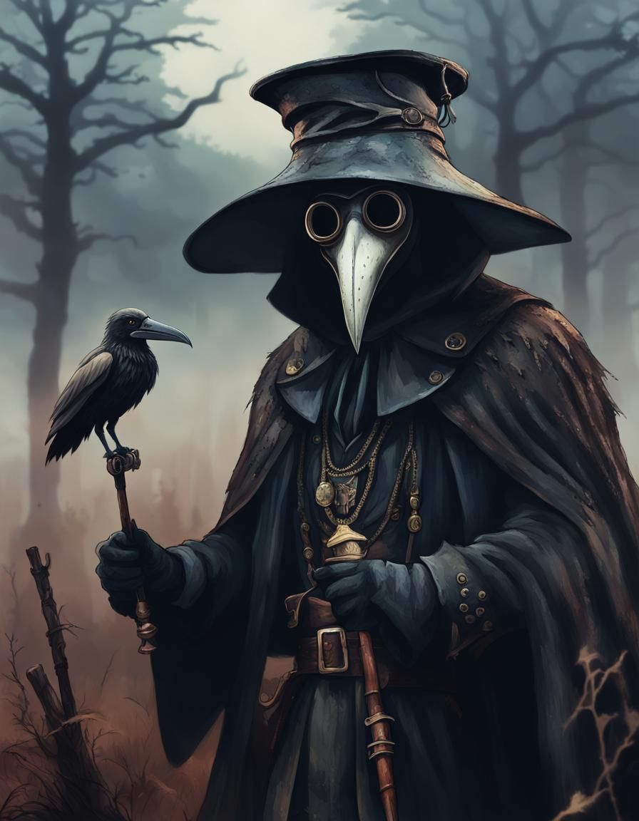 Plague Doctor on Foggy Moor in Fairycore Style