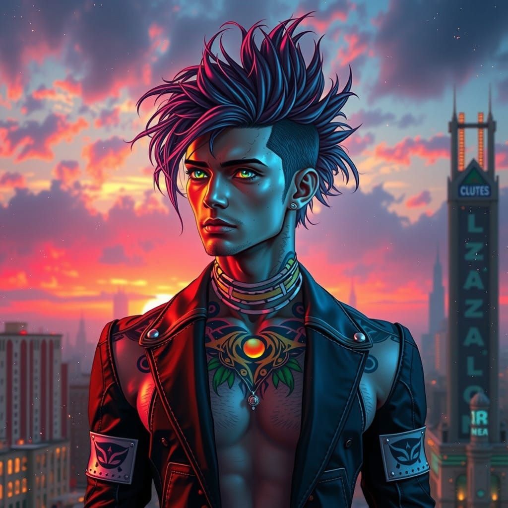 Androgynous Figure with Chiseled Jawline and Tribal Tattoos