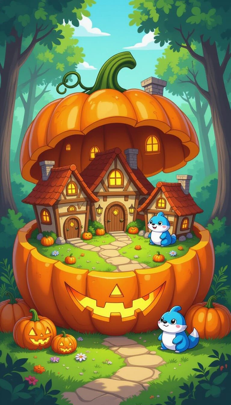 Chibi Village Inside Pumpkin, Digital Illustration