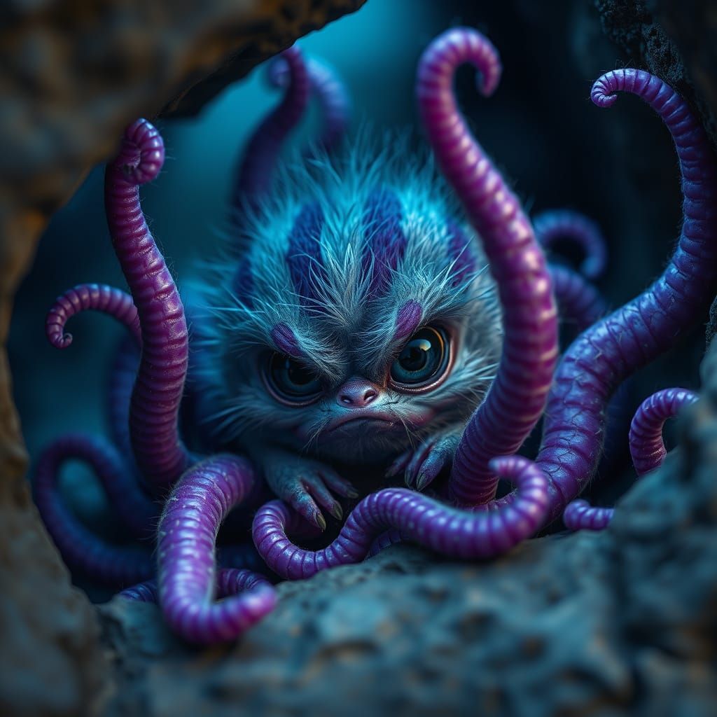 Creepy-Cute Creature with Neon Stripes in Rock Fissure