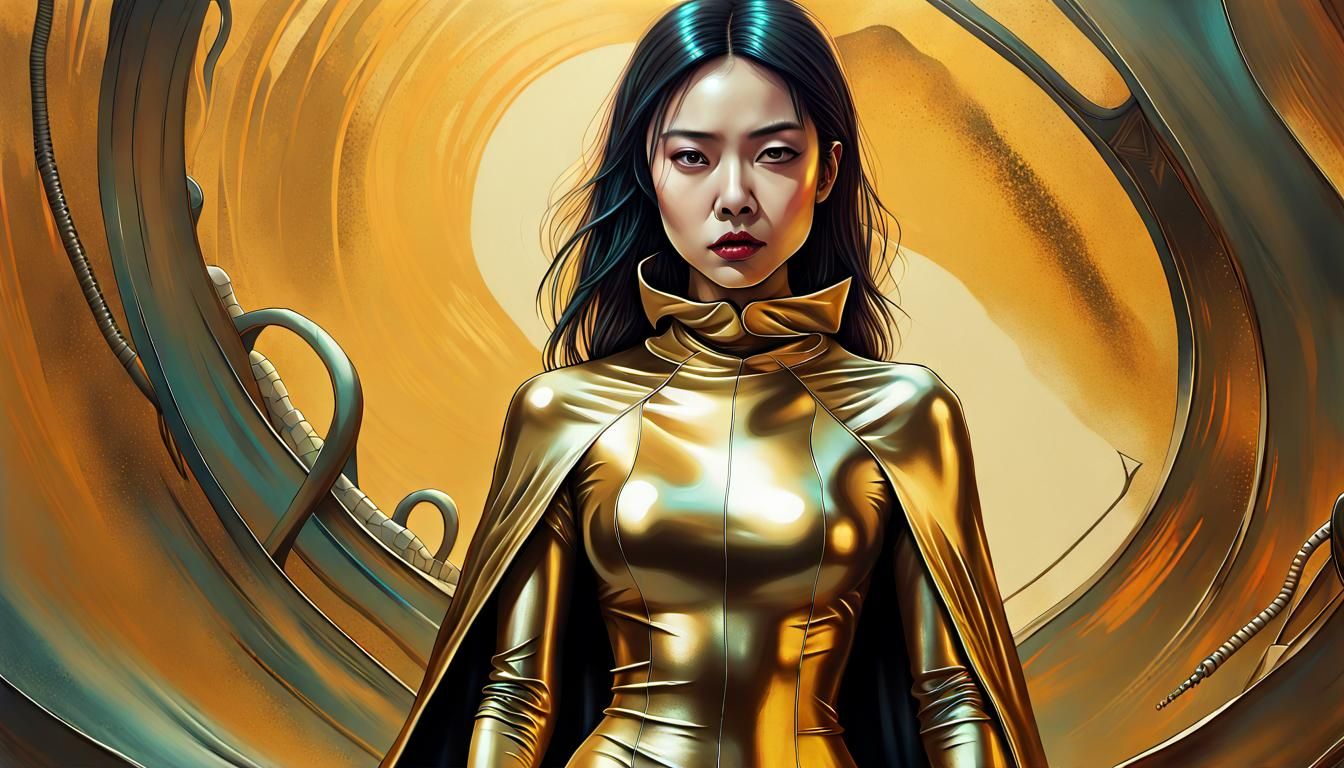 Asian Woman in Gold Metallic Dress, Cyberpunk Art