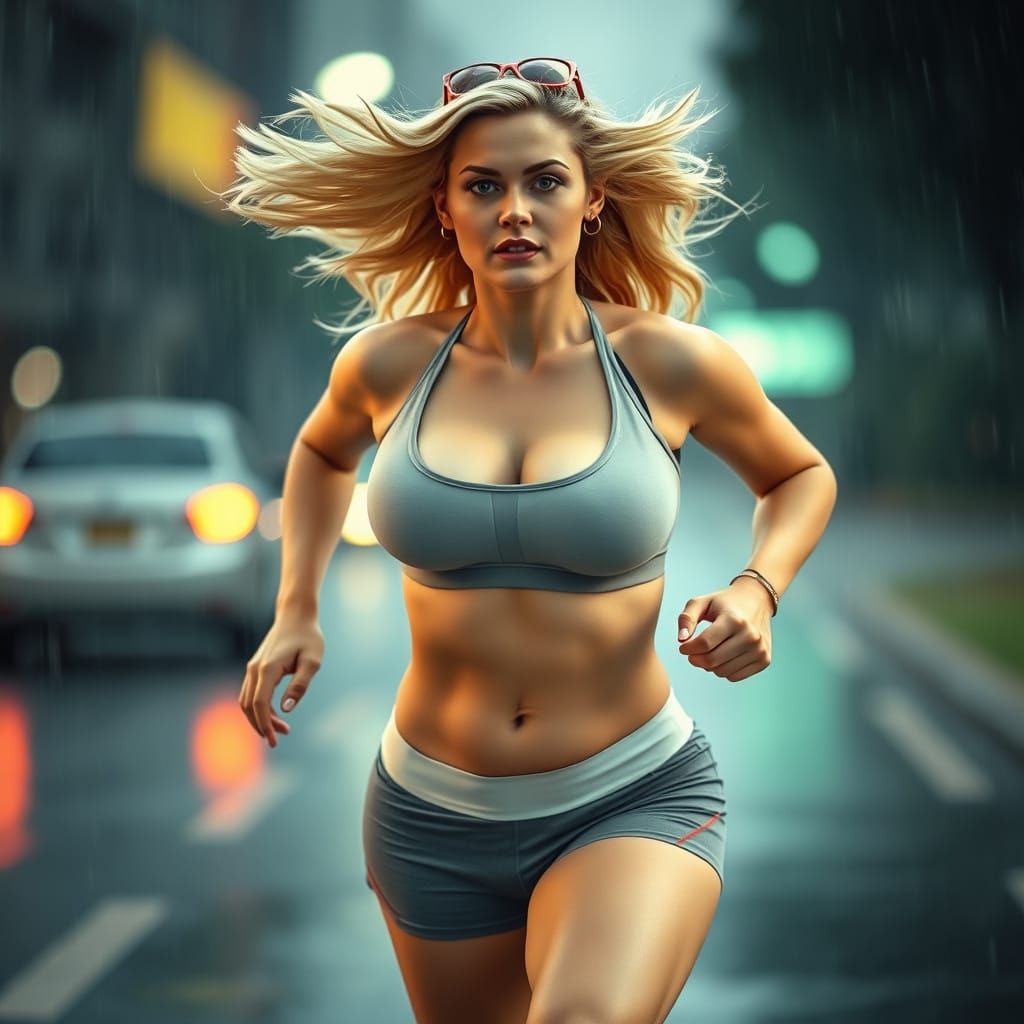 Curvy Woman Runs Through Rainy City Streets in Cinematic Sty...