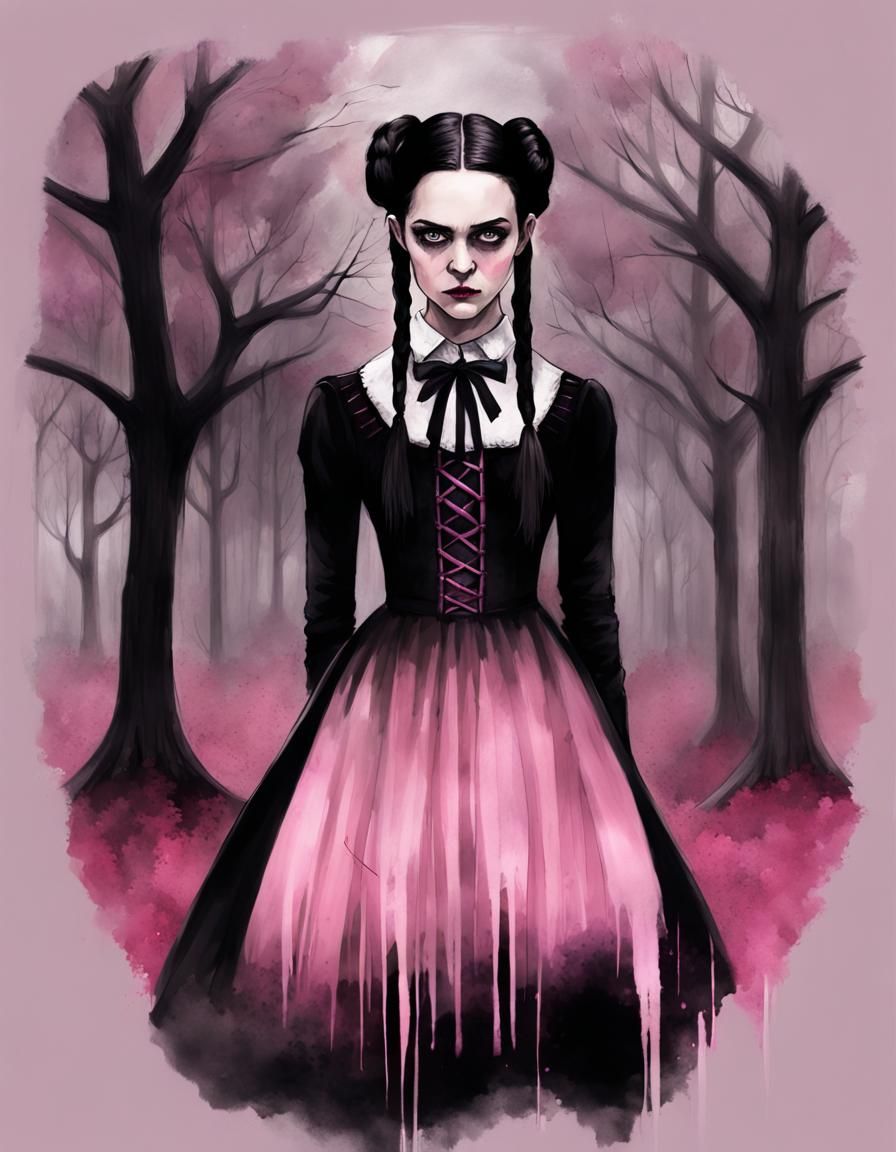 Wednesday Addams in Dark Fantasy Gothic Landscape