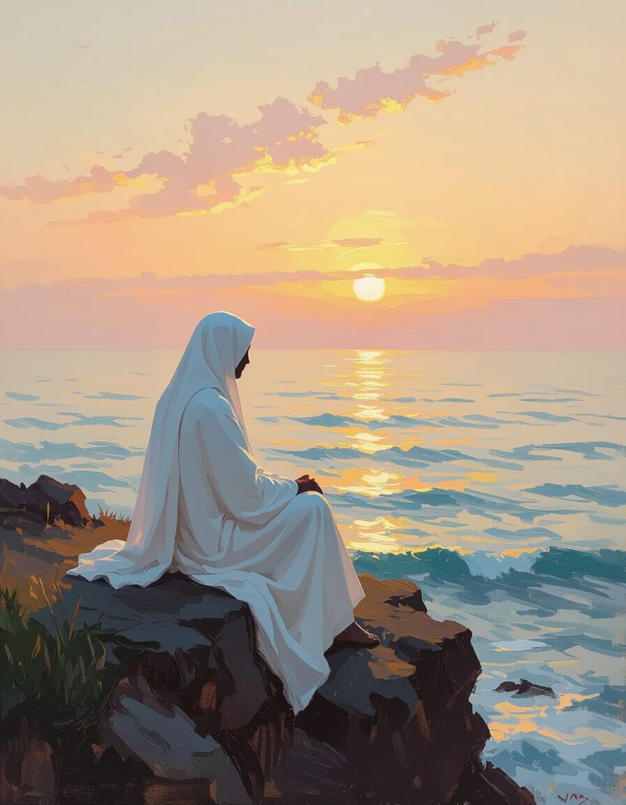Contemplative Figure at Sunrise, Impressionist Oil Painting