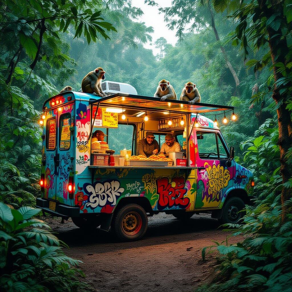 Cozy Shawarma Truck in Jungle Clearing, Hyperrealistic Style