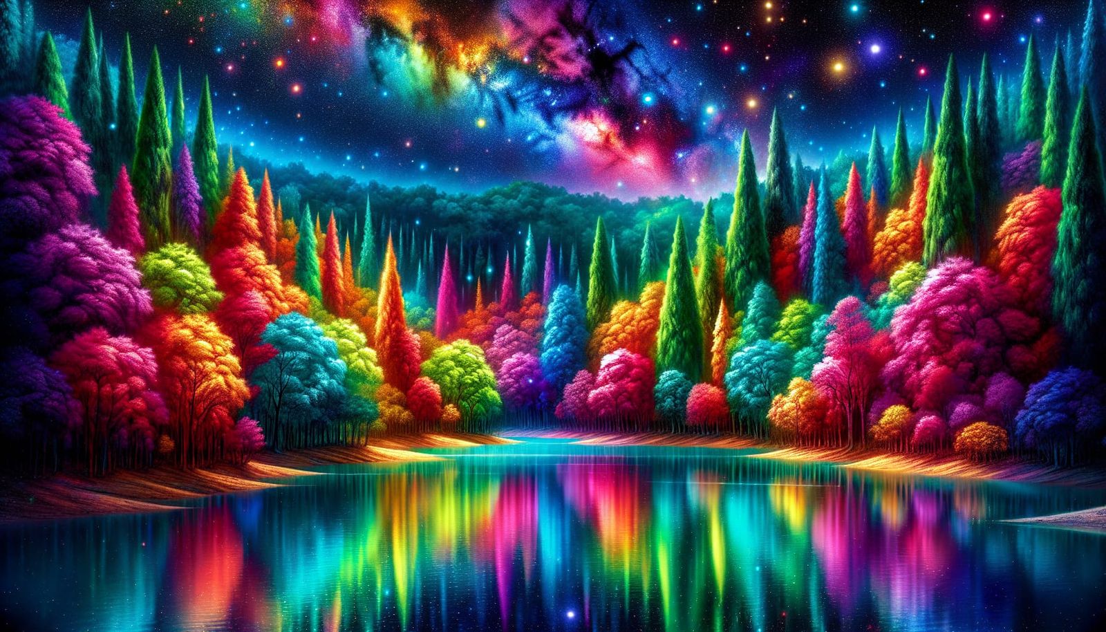 Rainbow Forest Lake Reflecting Starry Night Sky