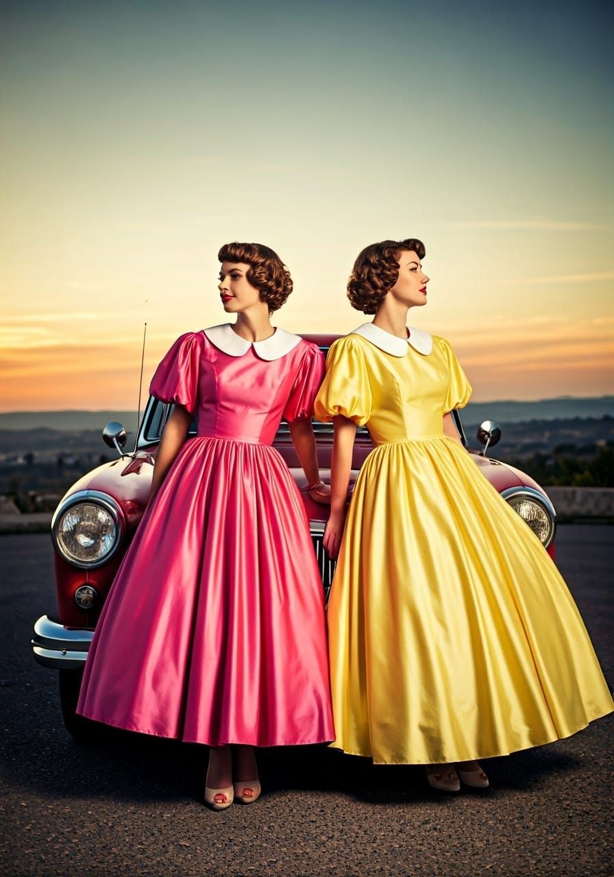 1950s Glamour: Women in Ballgowns by Vintage Car
