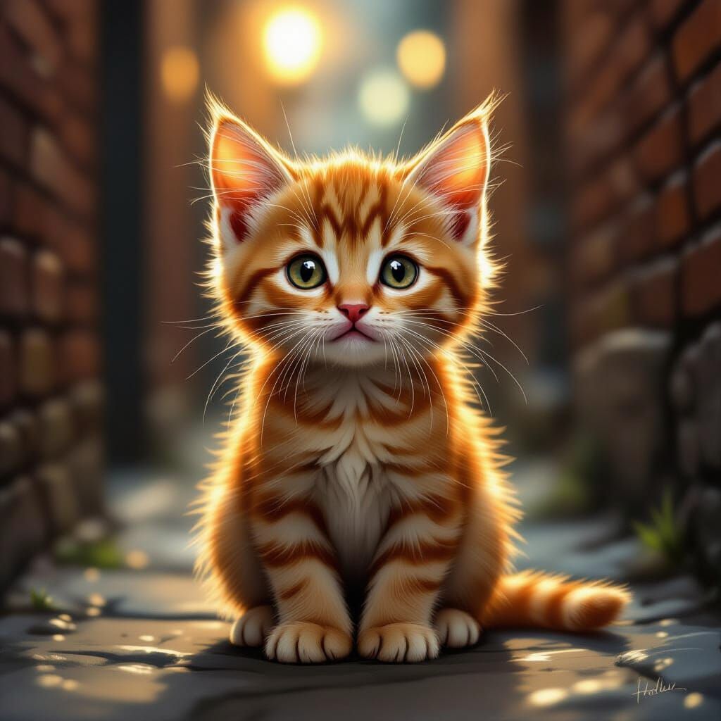 Sad Orange Kitten in Alleyway, Hopeful Eyes
