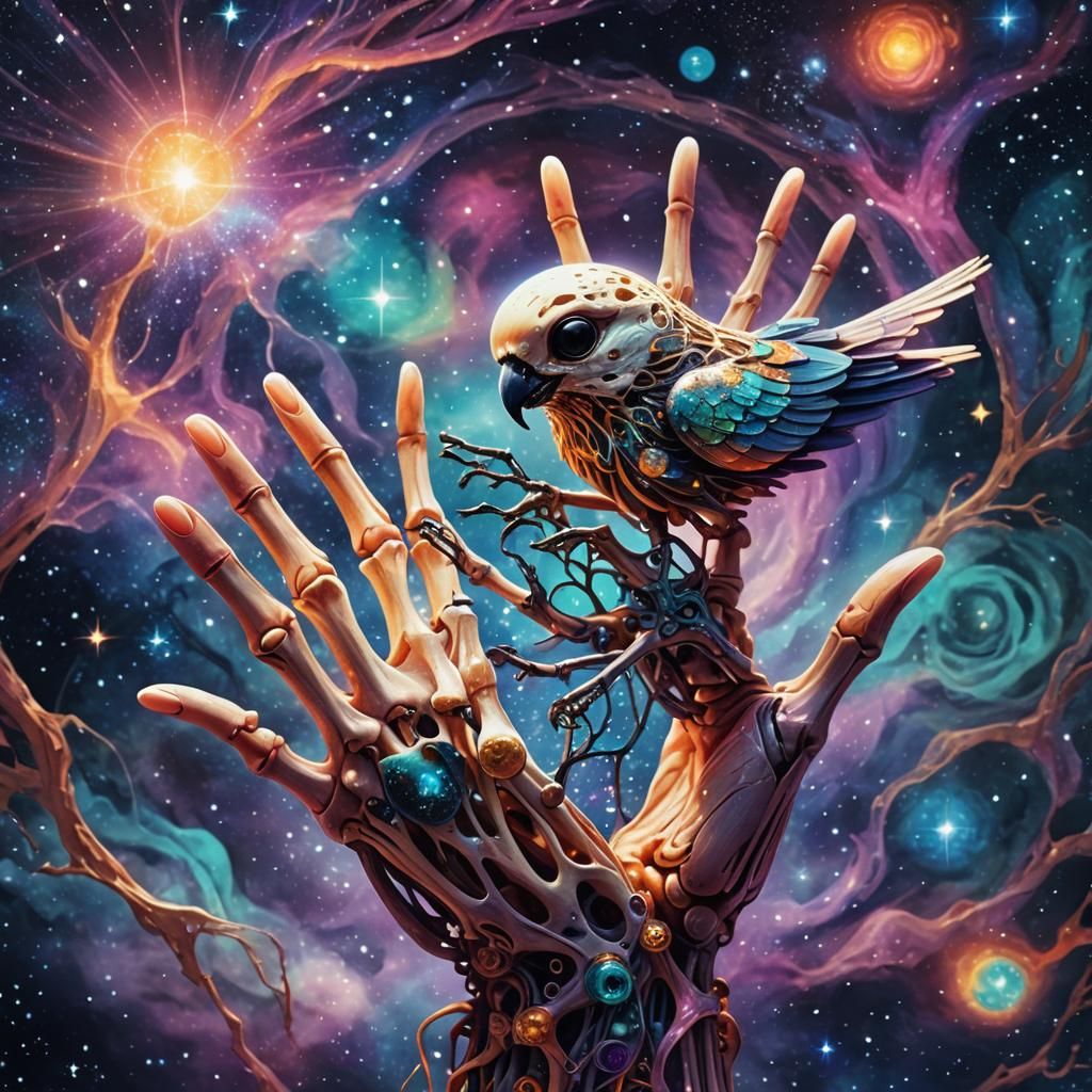 Skeletal Hand and Bird in Cosmic Dreamscape