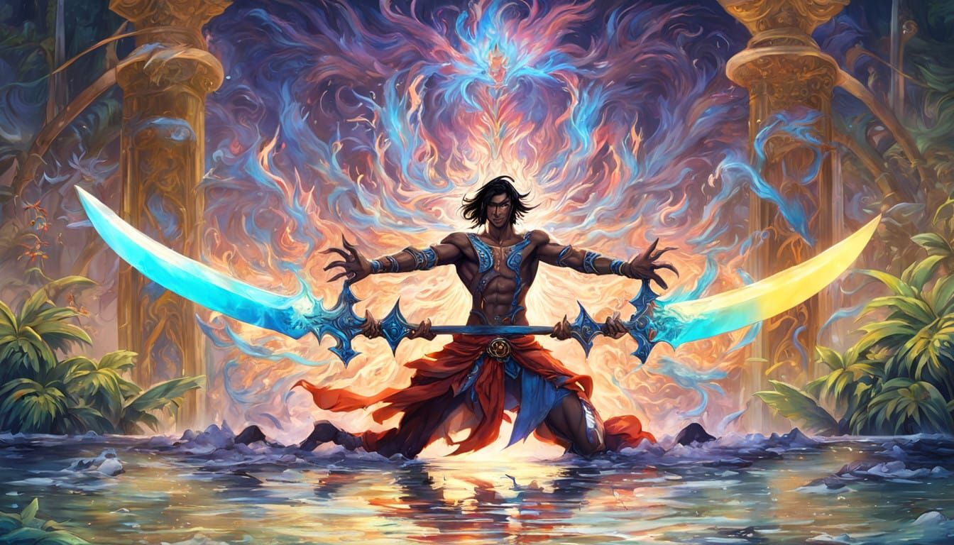 Ethereal Warrior Mage Stands on Jungle Lake's Edge, Embodyin...