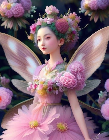 Peony Flower Fairy in Dreamlike Garden