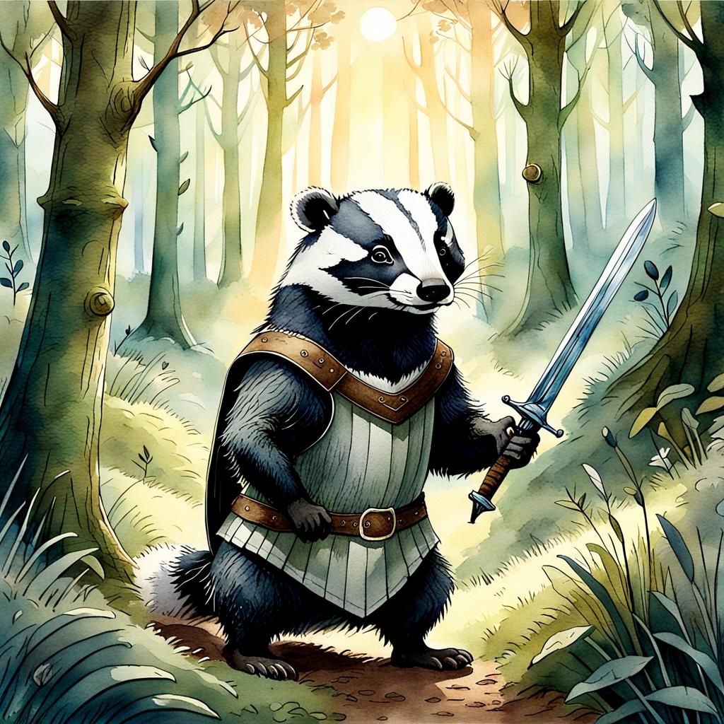 Brocktree Badger with Sword in Watercolour Style