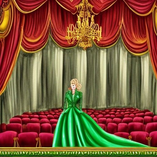 A rich lady in a sparkly green dress at the opera.