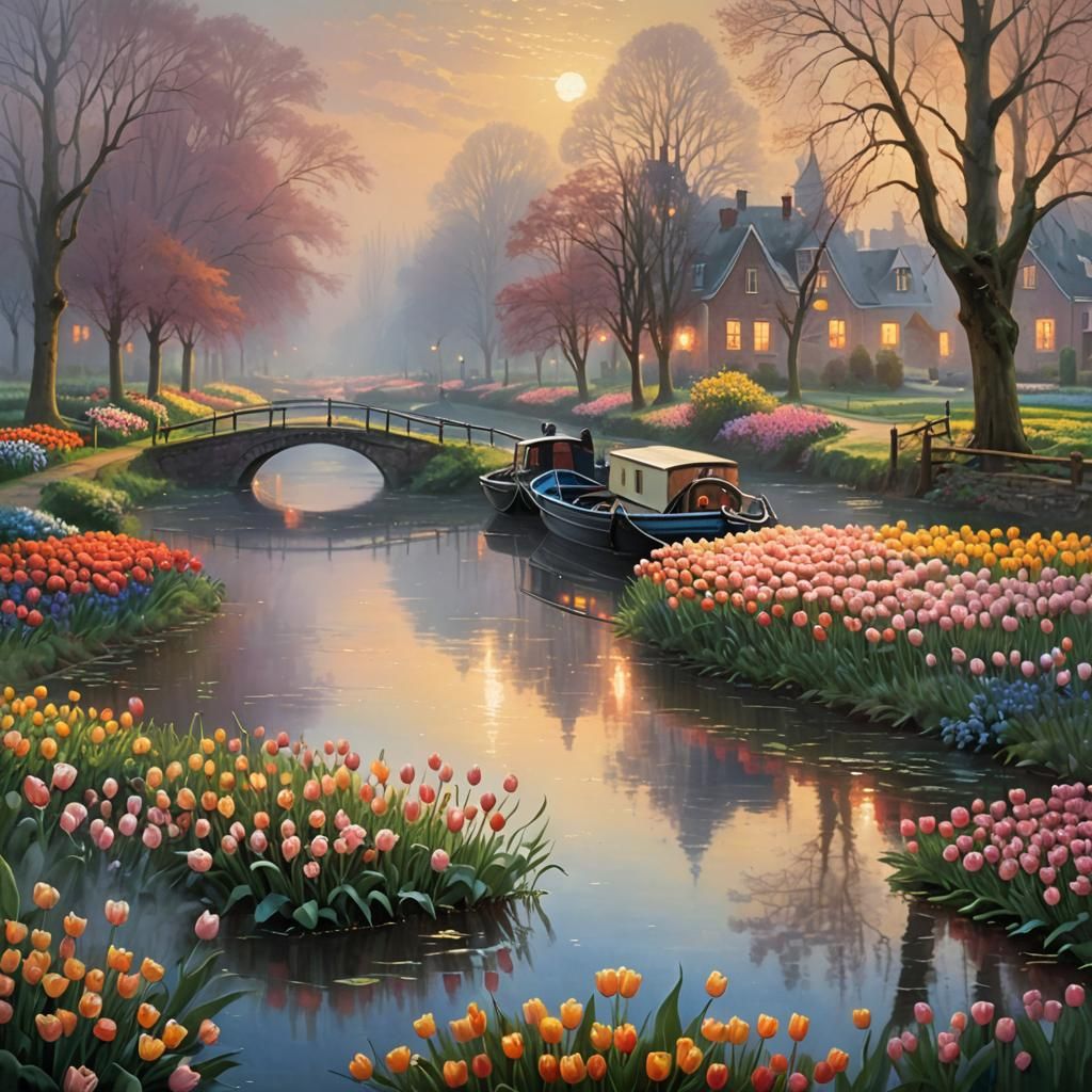 Dutch Canal Amidst Tulip Fields: Ethereal Oil Painting
