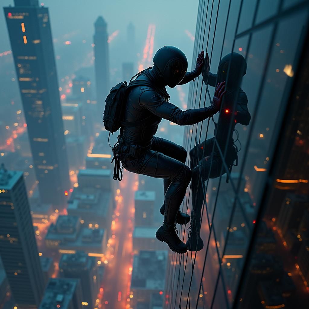 High-Tech Spy Scaling Skyscraper at Twilight