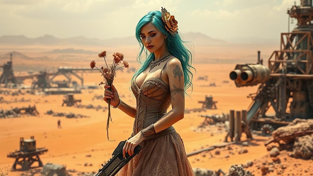 Steampunk Woman with Machine Gun in Apocalyptic Desert