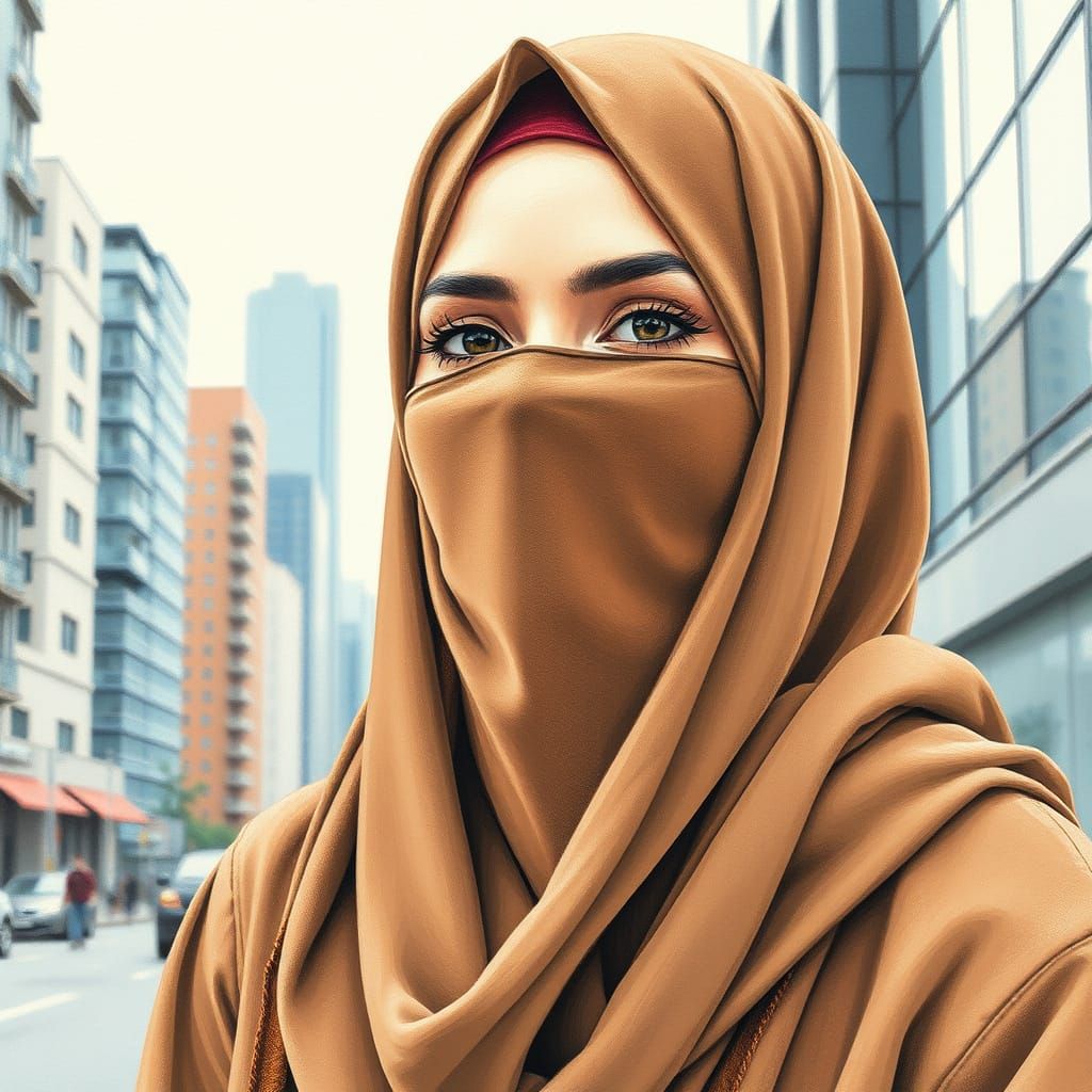 Minimalist Color Pencil Painting of a Niqabi Woman